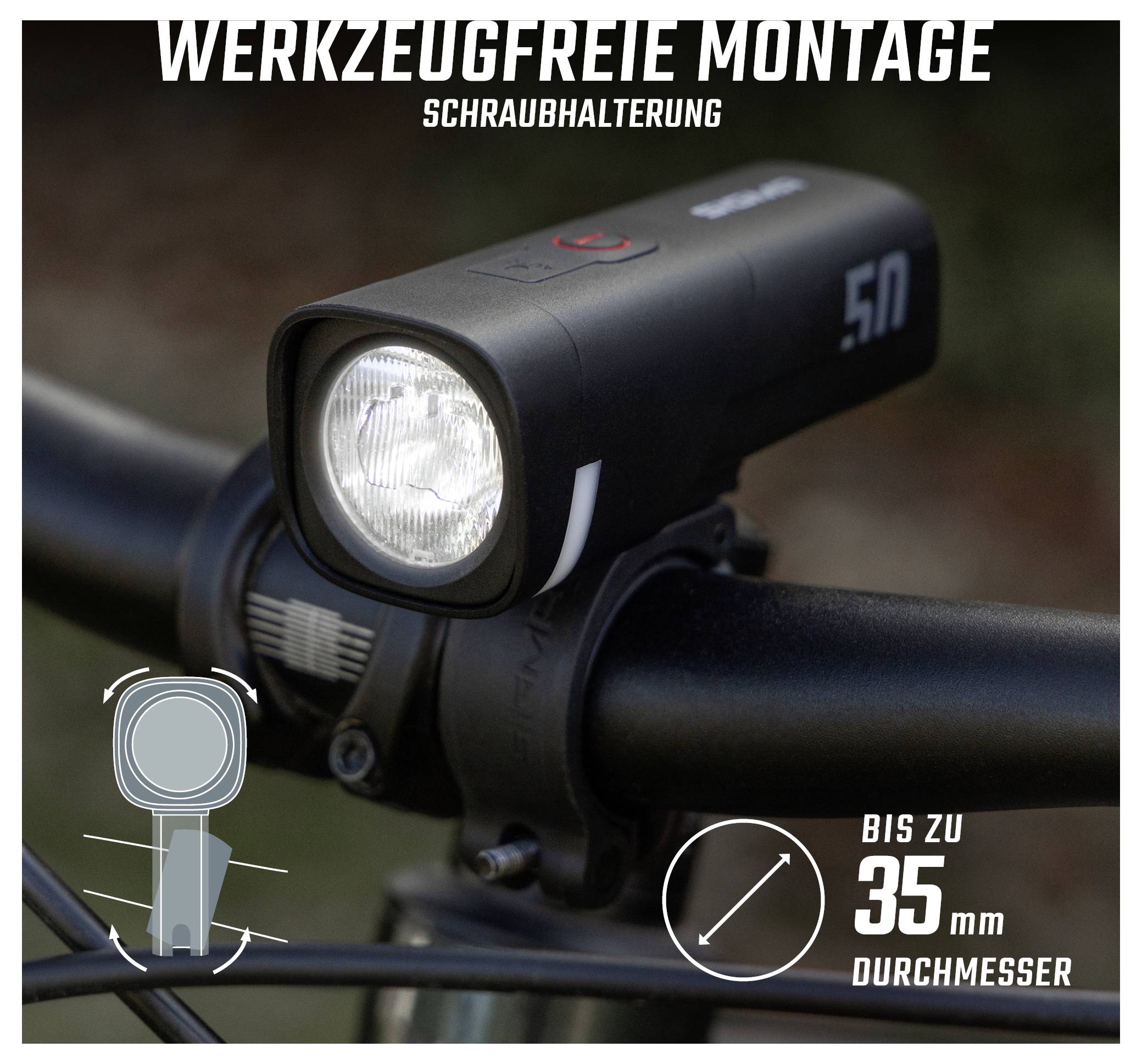 Cyklistická lampa s montáží nástrojů prostřednictvím šroubovací objímky na řídítka; vhodná pro řídítka o průměru až 35 mm.