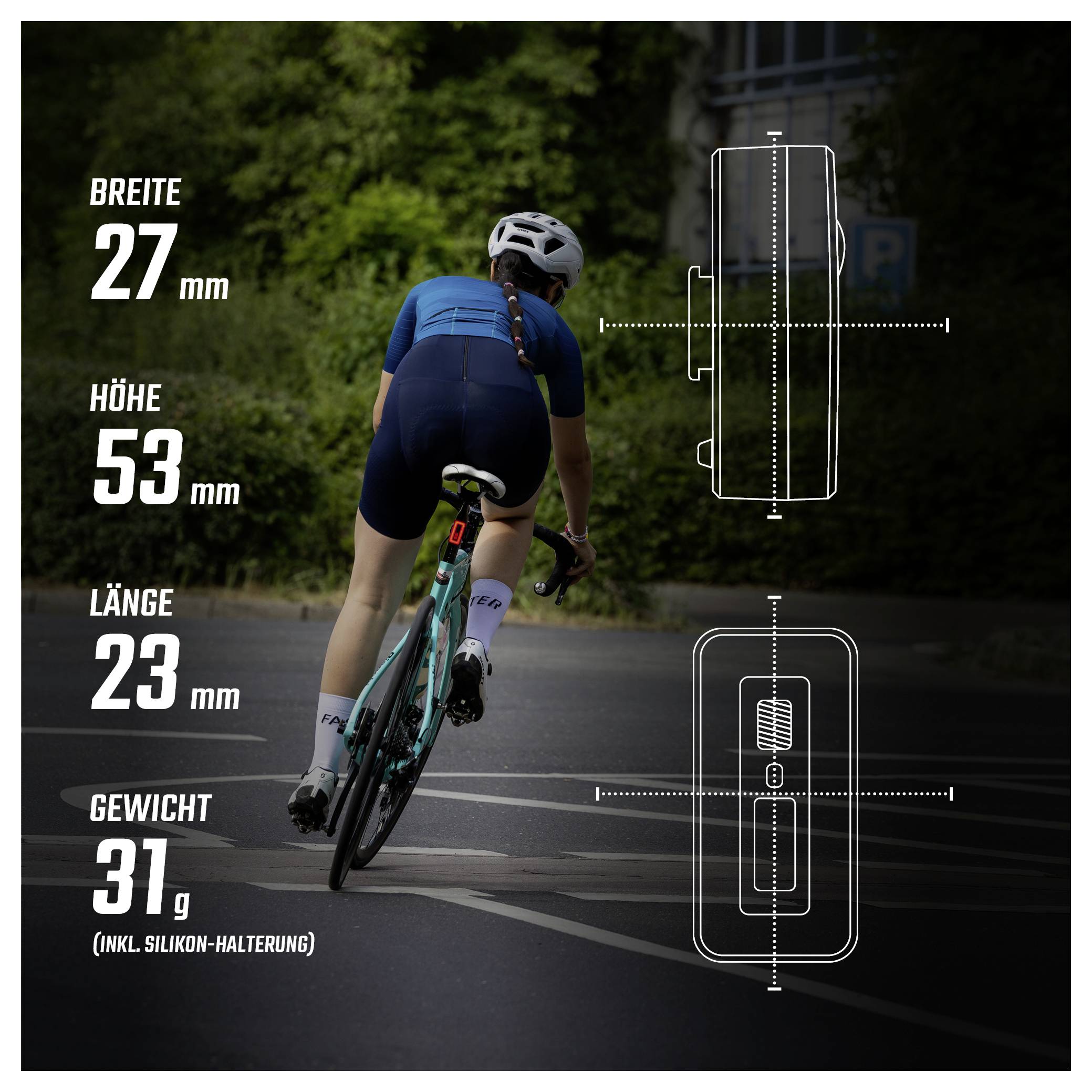 Reklamní grafika cyklistického vysílače na silničním cyklistovi: rozměry 27 mm šířka, 53 mm výška, 23 mm délka, hmotnost 31 g včetně silikonového držáku; technické rozměrové náčrty vpravo.