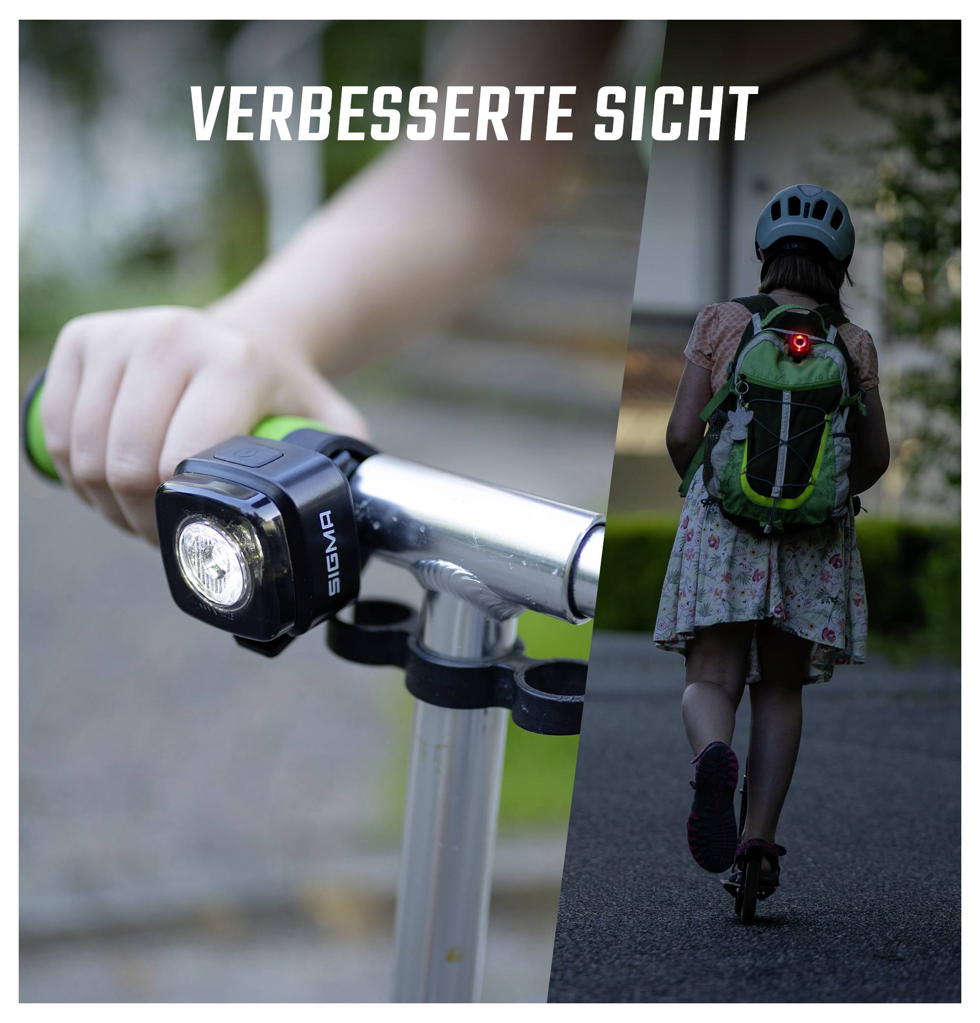 Přední svetlo na řidítku a zadní světlo na batůžku: "ZLEPŠENÁ VIDITELNOST" zdůrazňuje lepší viditelnost cyklistky v tmavě.