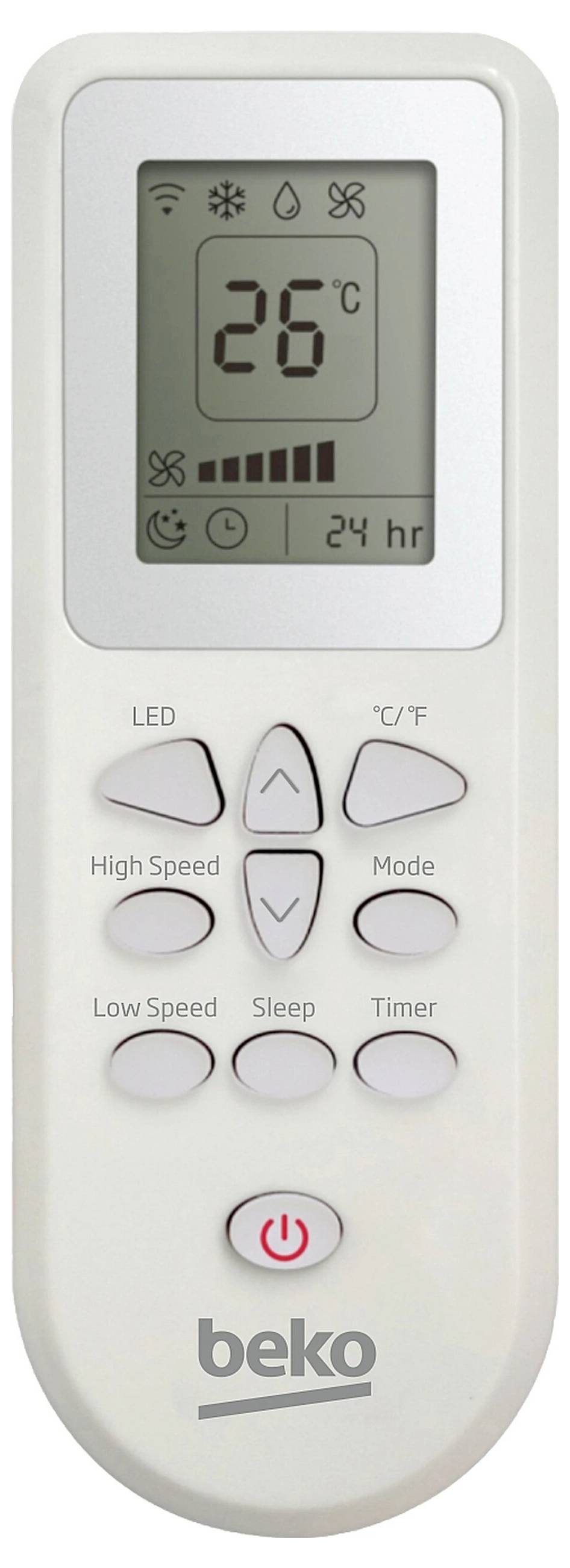 Dálkový ovladač klimatizace Beko zobrazující 26°C na displeji s tlačítky pro teplotu, rychlost ventilátoru, režim spánku, časovač, režim a vypnutí.