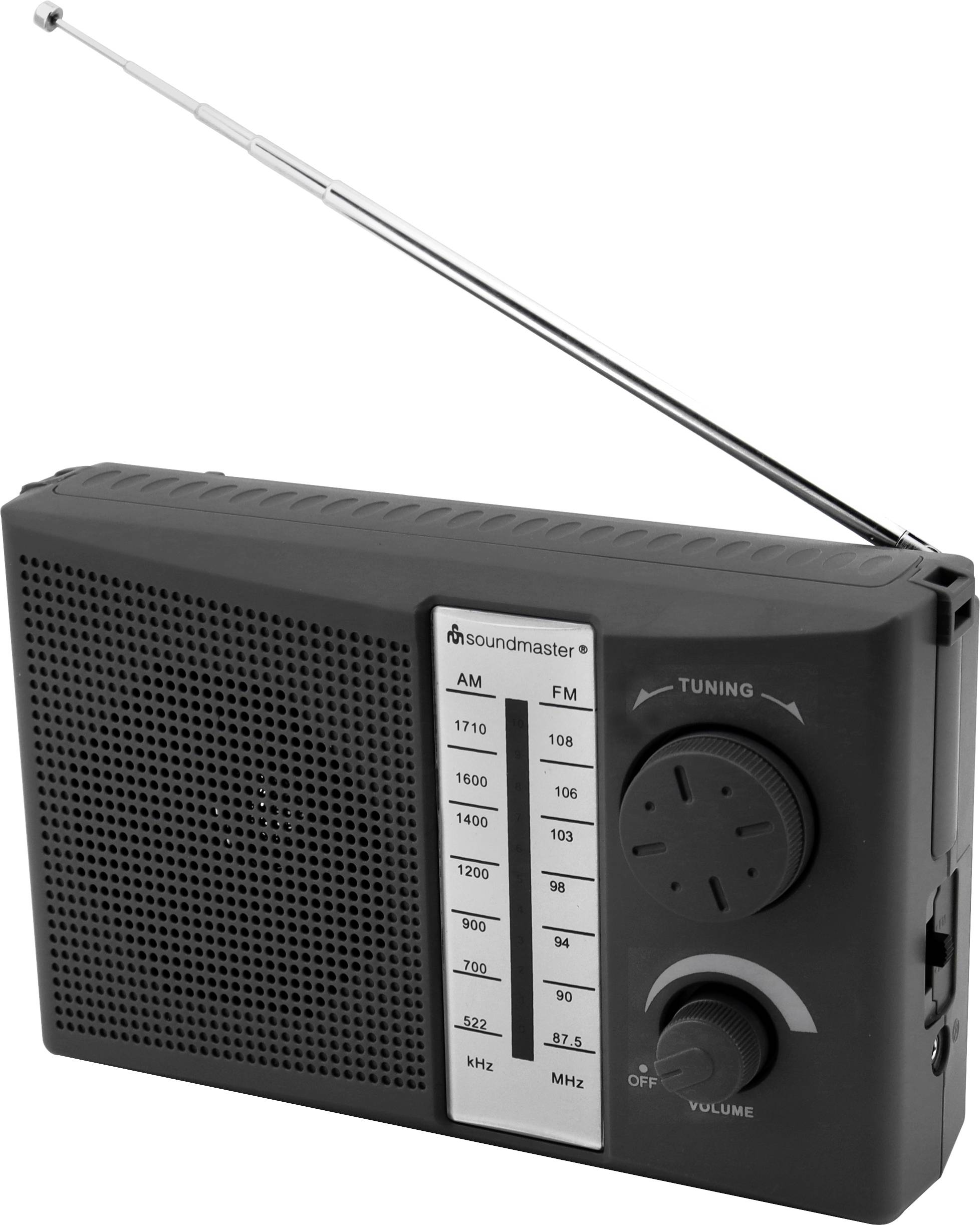 Přenosné černé analogové rádio AM/FM s prodlouženou anténou, ladicí stupnicí a regulátorem hlasitosti.