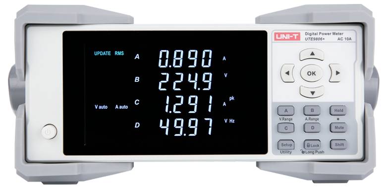 Digitální wattmetr UNI-T zobrazující čtyři živá čtení: A 0.890 A, B 224.9 V, C 1.291 A a D 49.97 Hz.