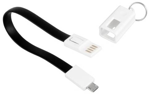 Černý USB nabíjecí kabel s konektorem micro-USB a bílou krytkou na klíčenku na kruhu