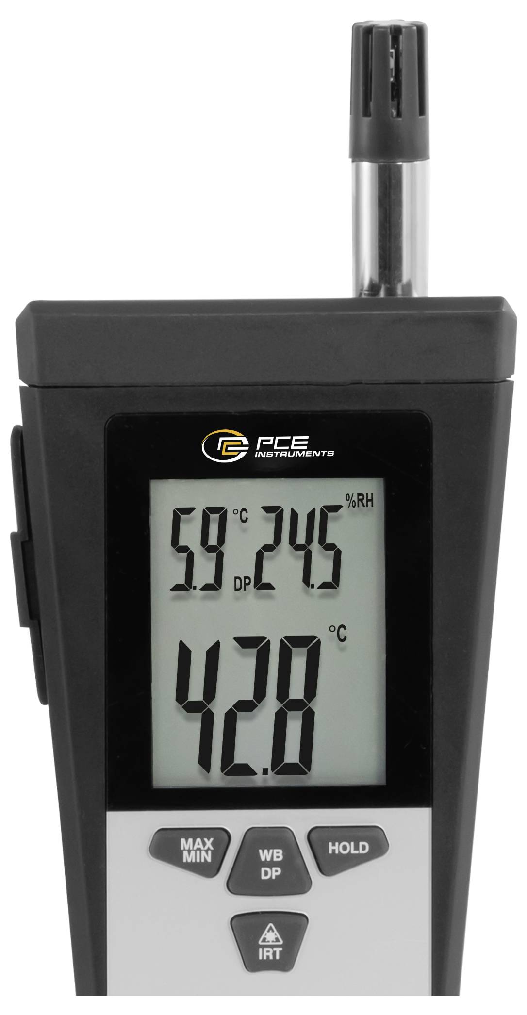 Přenosný digitální přístroj ukazující na displeji odečty 42,8°C, 59°C vlhké teploty a 24,5°C suché teploty.