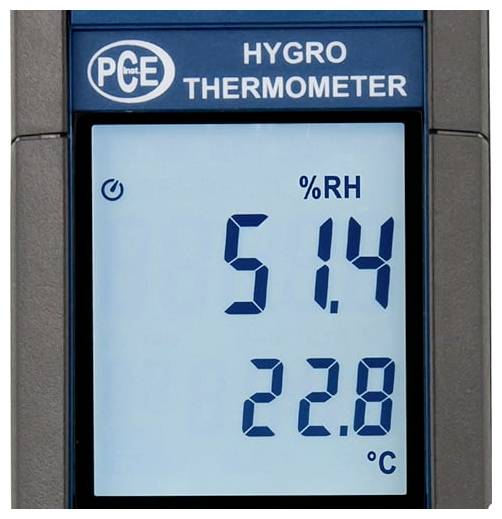 Digitální vlhkoměr teploměr zobrazující 51,4% relativní vlhkosti a 22,8°C.