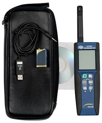 Přenosný set s vlhkoměrem a teploměrem s sondou, USB adaptérem, baterií, CD a uzavírací taškou na zip.