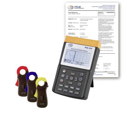 PCE-830 analyzátor výkonu a harmonických s třemi barevnými svorkami na proud a certifikačním dokumentem za ním.