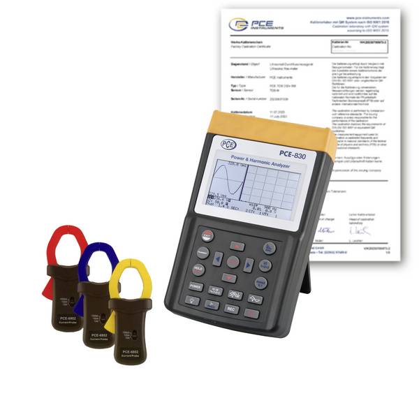 PCE Instruments PCE-830-2-ICA síťový analyzátor Kalibrováno dle (ISO) 3fázové Měření spotřeby energie, s funkcí záznamníku, vč. proudových kleští