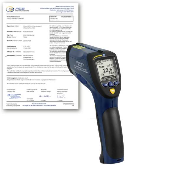 PCE Instruments PCE-893-ICA infračervený teploměr, optika 50:1, -50 - +1200 °C, bezdotykové IR měření, funkce dataloggeru, kontaktní měření, Kalibrováno dle (ISO)