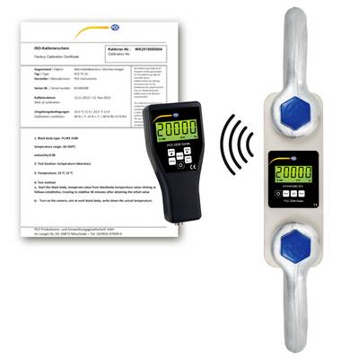 Kalibrační certifikát a digitální měřidlo zobrazené s kovový vzorkem, znázorňující bezdrátové měření teploty nebo ověření kalibrace.