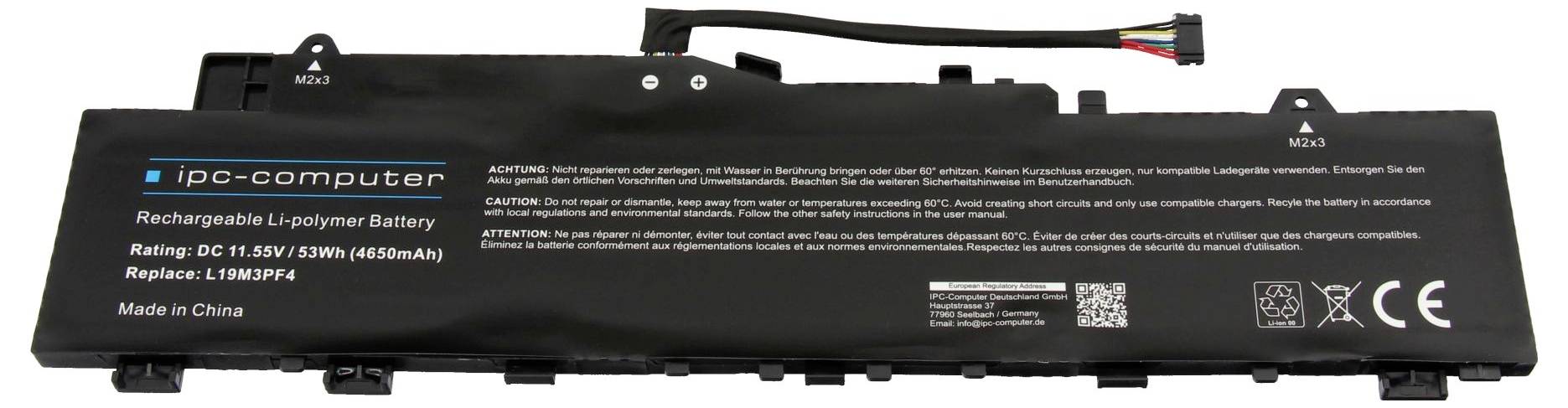 Černá nabíjecí lithium-polymerní baterie pro počítač IPC, označená 11.55V 53Wh, s napájecími kabely a konektorem.