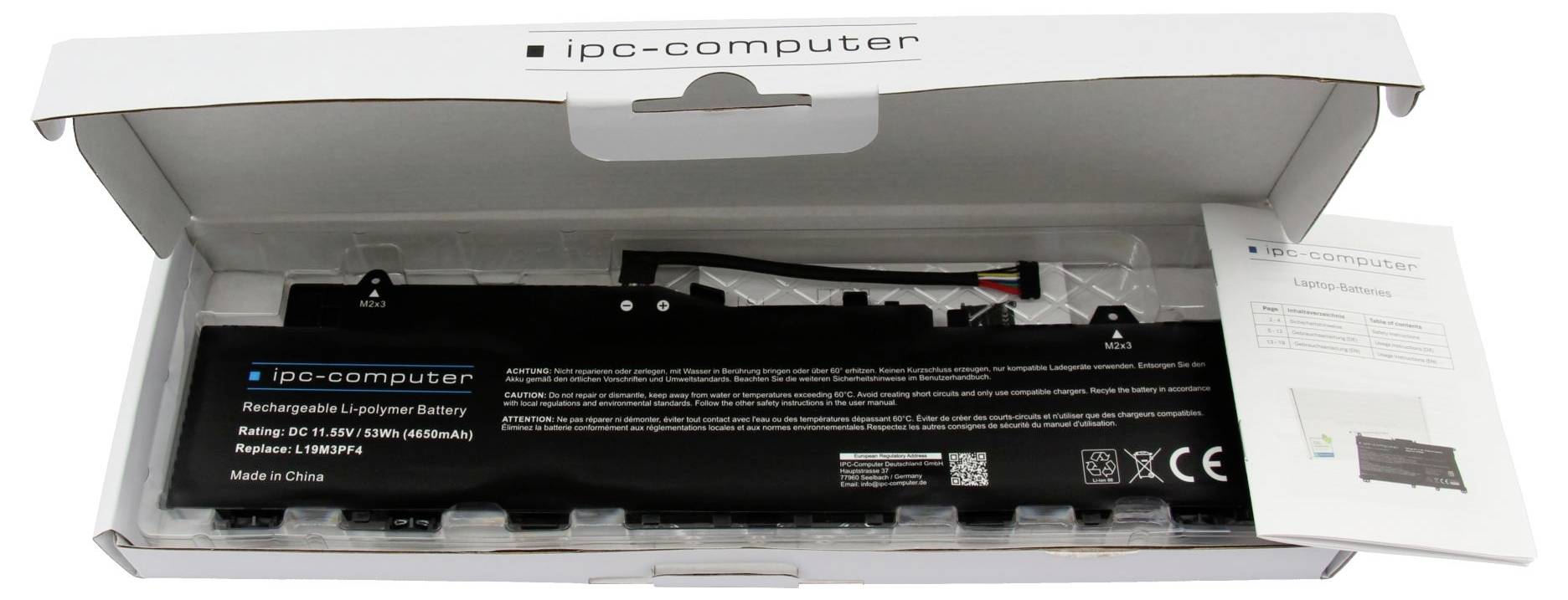 Otevřená krabice obsahující bateriový balík notebooku IPC-computer s viditelnými štítkem produktu a pokyny k používání.