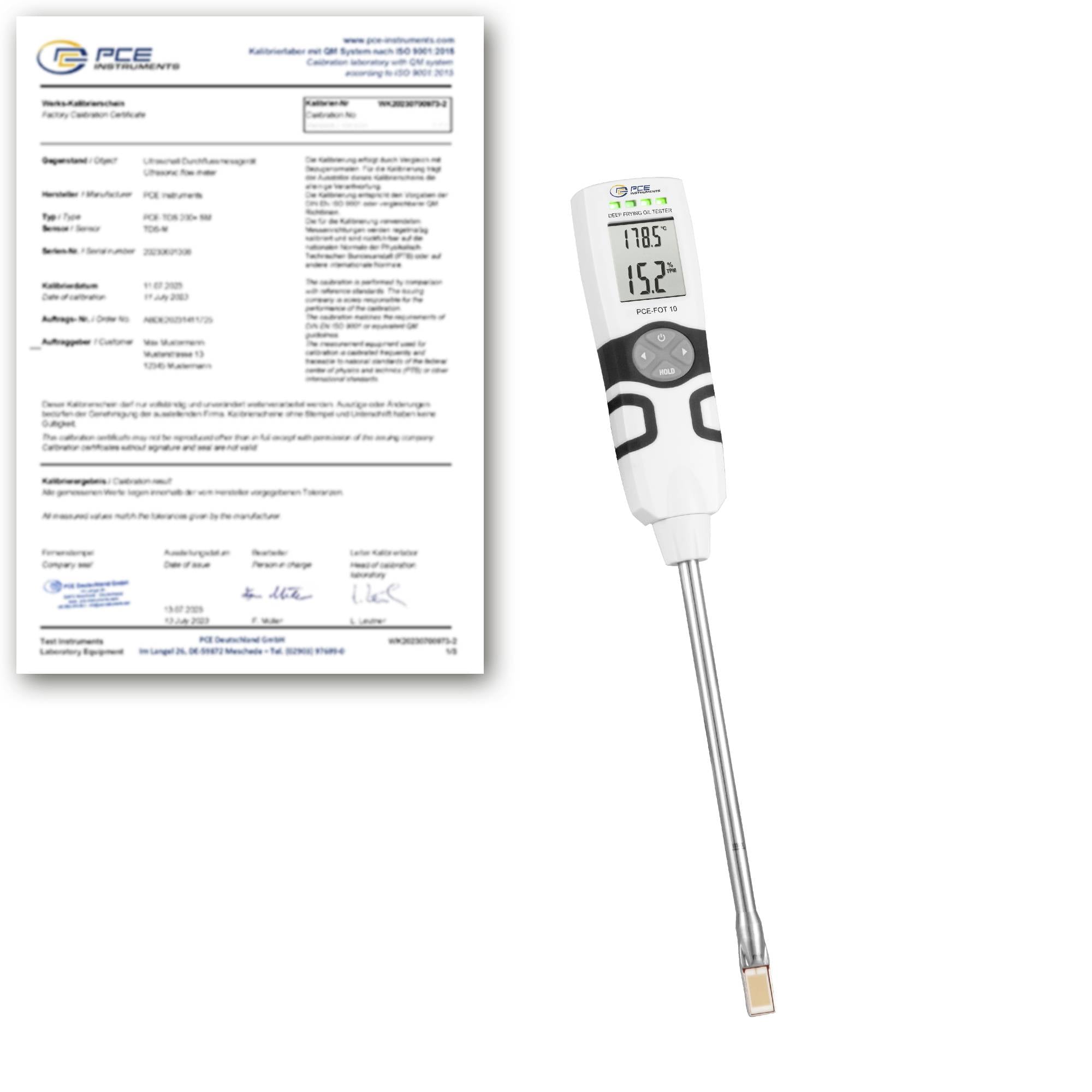 Kalibrační certifikát vedle přenosné digitální teploty teploměru s dlouhou kovovou sondou a LCD čteními 178,5 a 15,2.