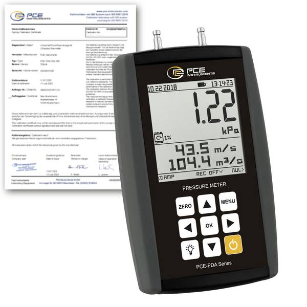 PCE Instruments PCE-PDA 10L-ICA měřič vysokého/nízkého tlaku v systémech, Kalibrováno dle (ISO), měří tlak vzduchu, neagresivní plyny, 0 - 50 °C, s funkcí měření teploty, s funkcí datového záznamníku, s USB rozhraním