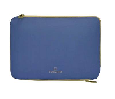 Modrý pouzdro na laptop se zipem, zlatým lemováním a logem Tucano na bílém pozadí.