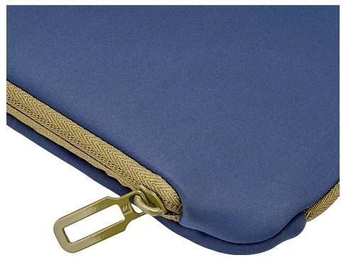 Detailní snímek modré pouzdra na zip nebo pouzdra se zlatým okrajem zipu a zarážkou.