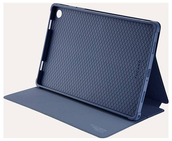 Modrý tablet pouzdro formátu folio zobrazené otevřené, s texturovaným vnitřním obalem a skládacím stojánkem, chránící tablet.