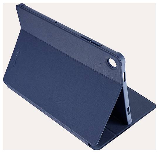 Modrý tablet v pouzku folio s vestavěným stojánkem, zobrazen otevřený na světlém pozadí.