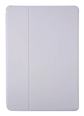 Pouzdro nebo kryt na tablet v světle šedé barvě se svislou linkou přeložení a minimalistickým reliéfním logem na přední straně.