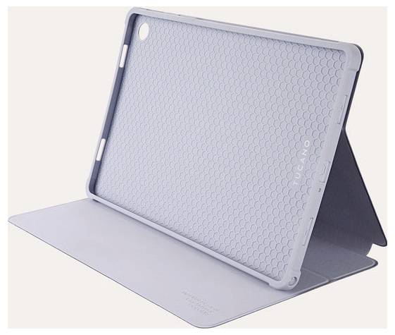 Šedé pouzdro folio na tablet s vestavěným stojánkem, zobrazující přední a zadní kryt otevřené a přistrčené na světlém pozadí.