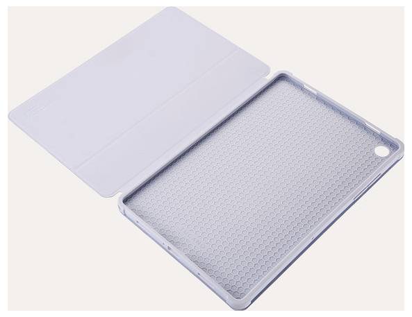 Otevřený průsvitný ochranný obal na tablet s přední krytkou složenou dozadu, který ukazuje strukturovaný vnitřek a otvor pro fotoaparát.