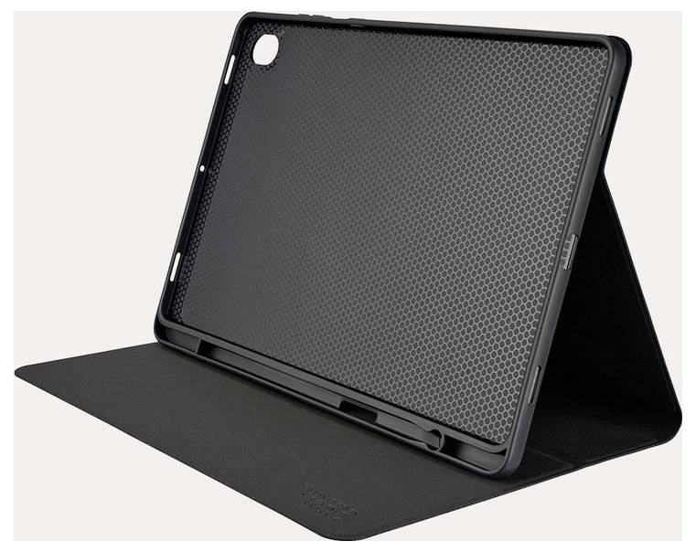 Pouzdro na tablet černé barvy se sklopným stojánkem, zobrazeno otevřené, aby chránilo a podpíralo tablet na jednoduchém pozadí