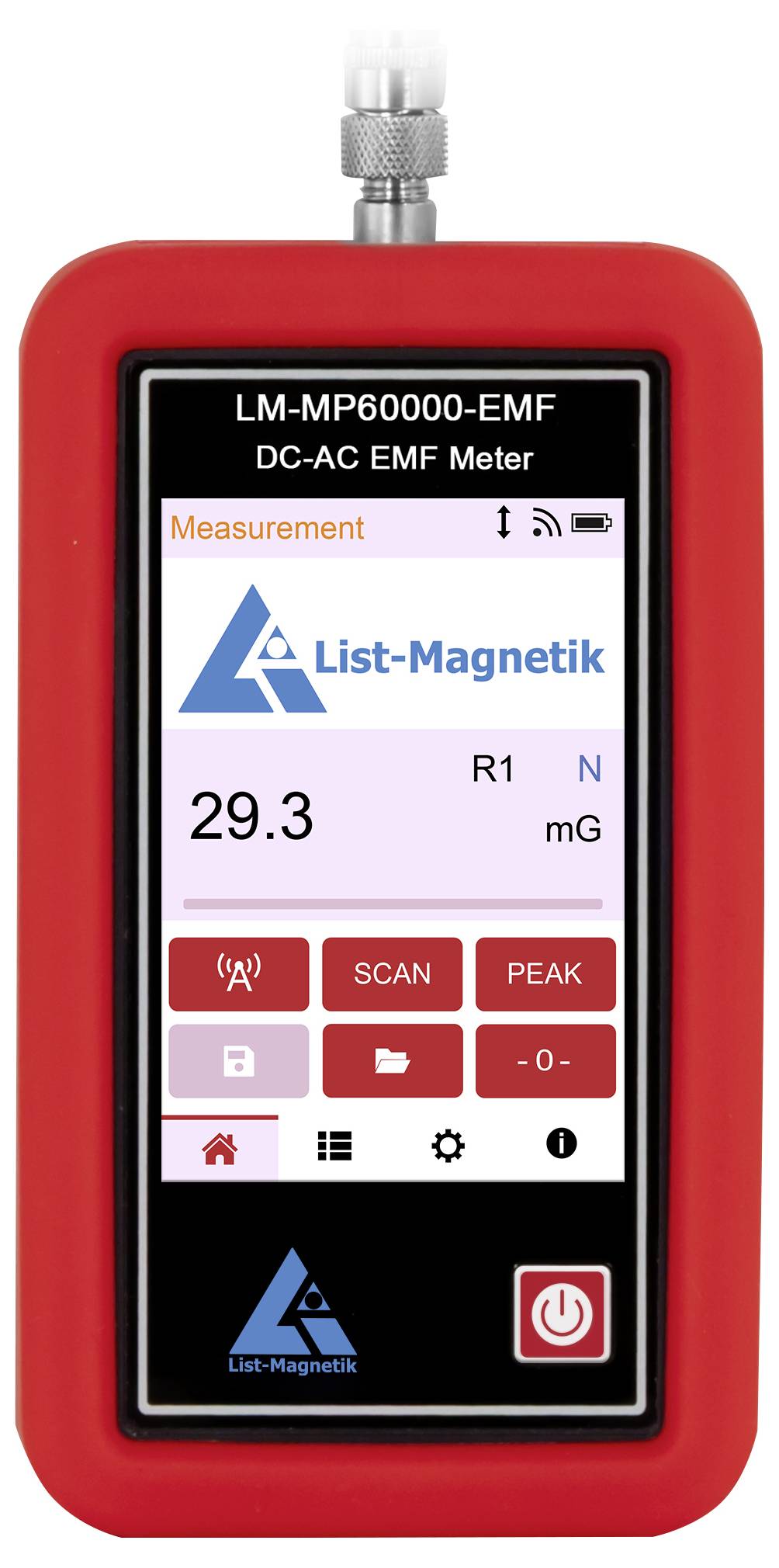 Ruční přístroj List-Magnetik LM-MP60000-EMF měřič elektromagnetického pole AC-DC s měřením 29,3 mG a tlačítky scan/peak na displeji.