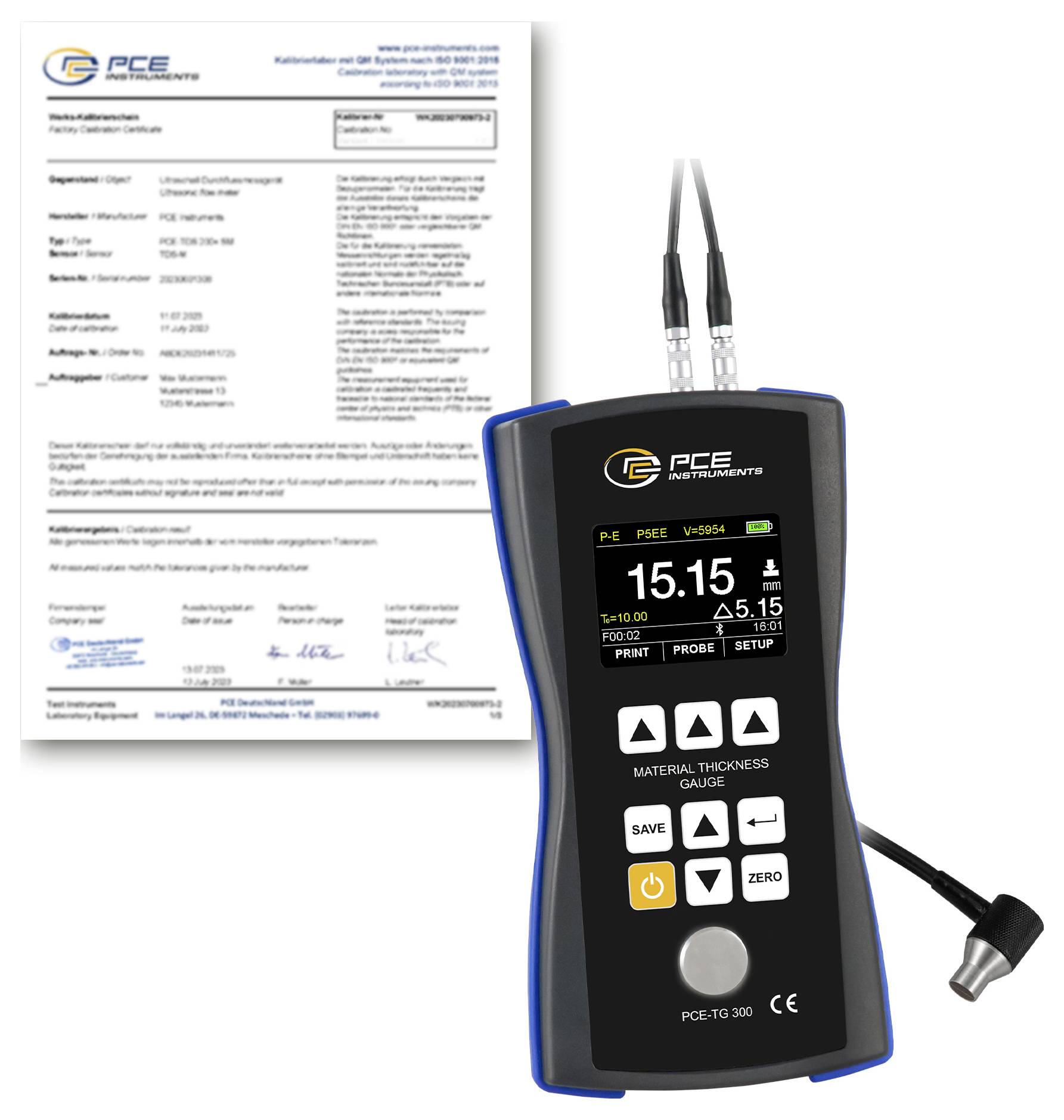 Měřidlo tloušťky PCE s sondami a certifikátem, zobrazující digitální čtení 15,15 na obrazovce.
