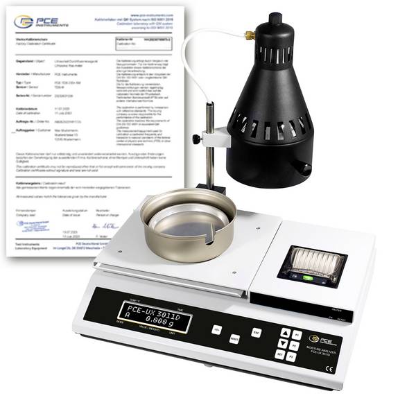 PCE Instruments PCE-UX 3011D-ICA Stupnice analyzátoru vlhkosti PCE-UX 3011D-ICA Kalibrováno dle (ISO) Max. váživost 220 g Rozlišení 0 g 230 V bílá, černá, černobílá