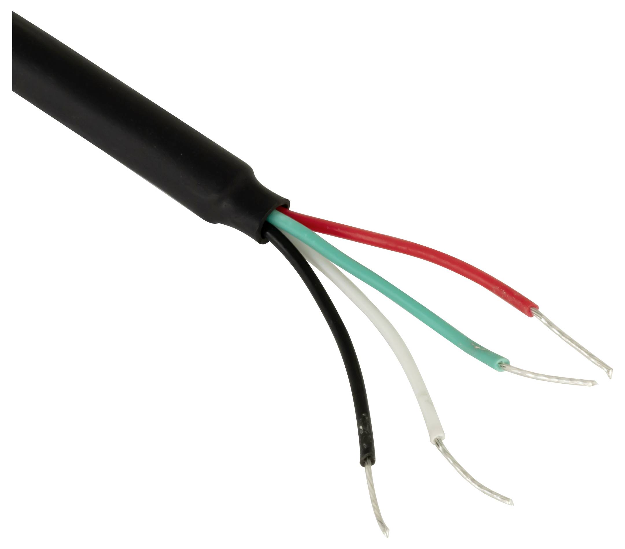 Detailní záběr na černý kabel se čtyřmi exponovanými barevně označenými vodiči: červený, zelený, bílý a černý.