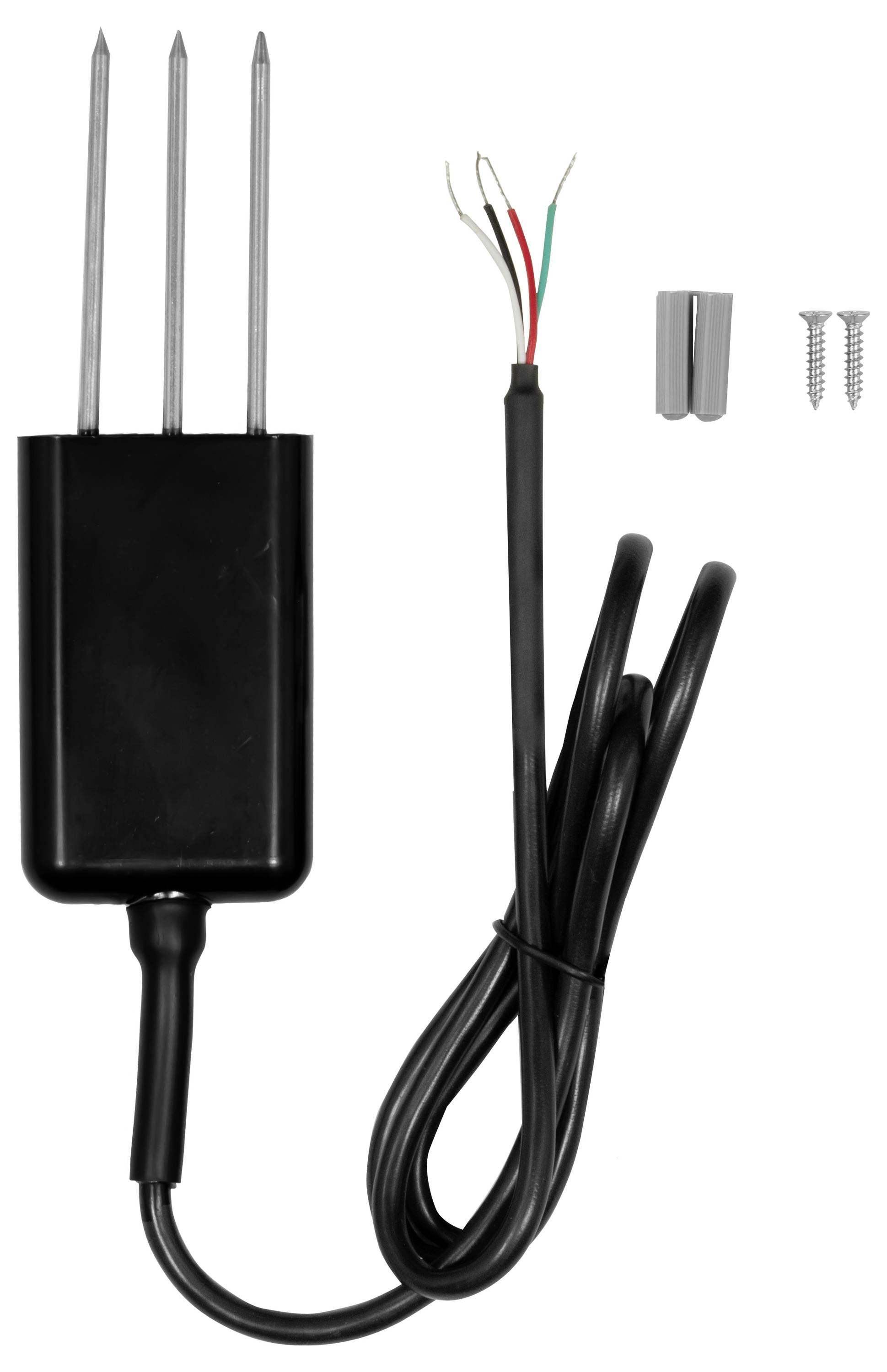 Černá třípólová sonda vlhkoměru půdy s připojeným kabelem, obnažené konce drátů a montážní hardware zobrazené na bílém pozadí
