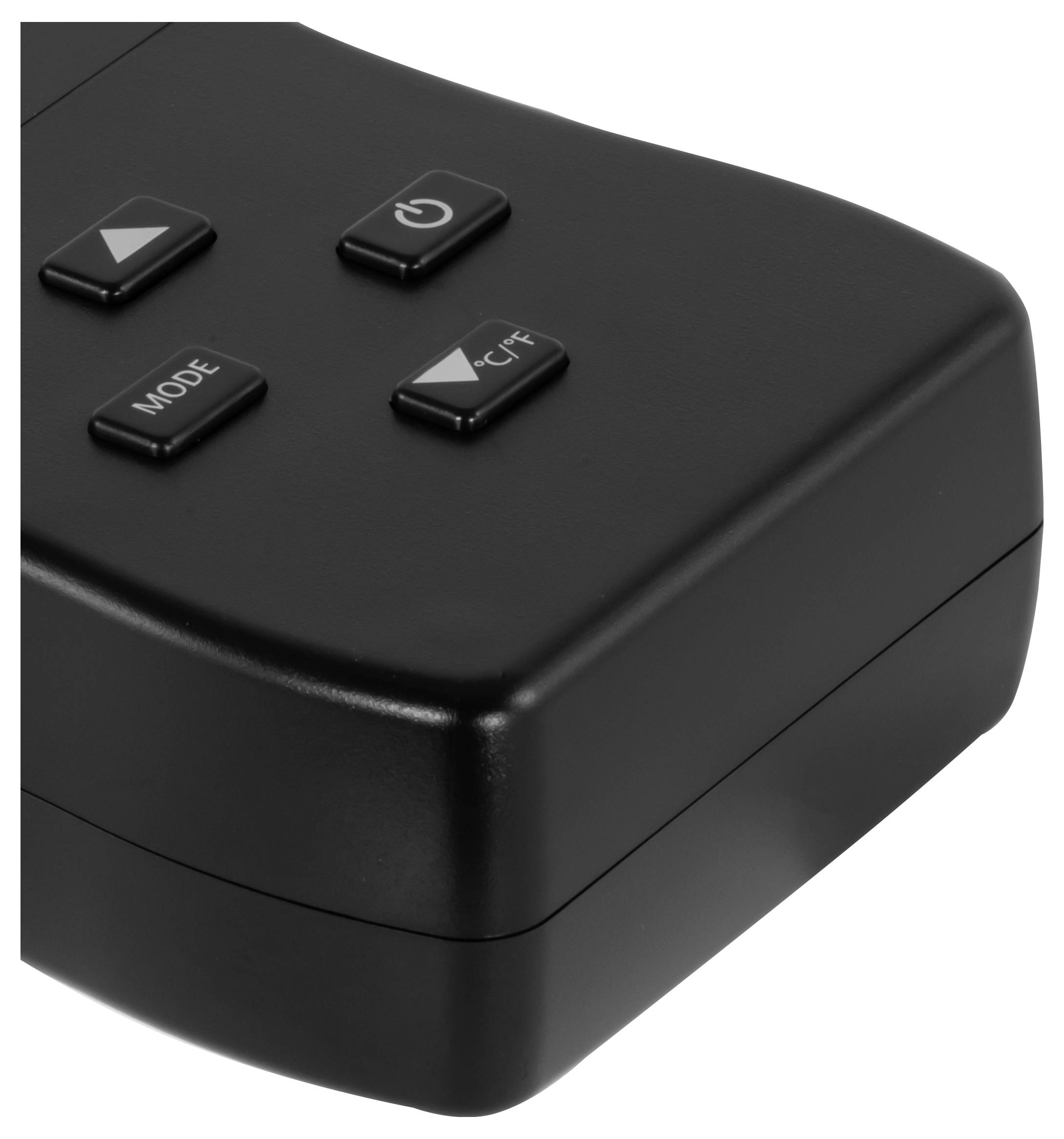 Černý čtvercový elektronický dálkový ovladač nebo ovládací box se čtyřmi tlačítky označenými MODE, CF a ikonami šipek.