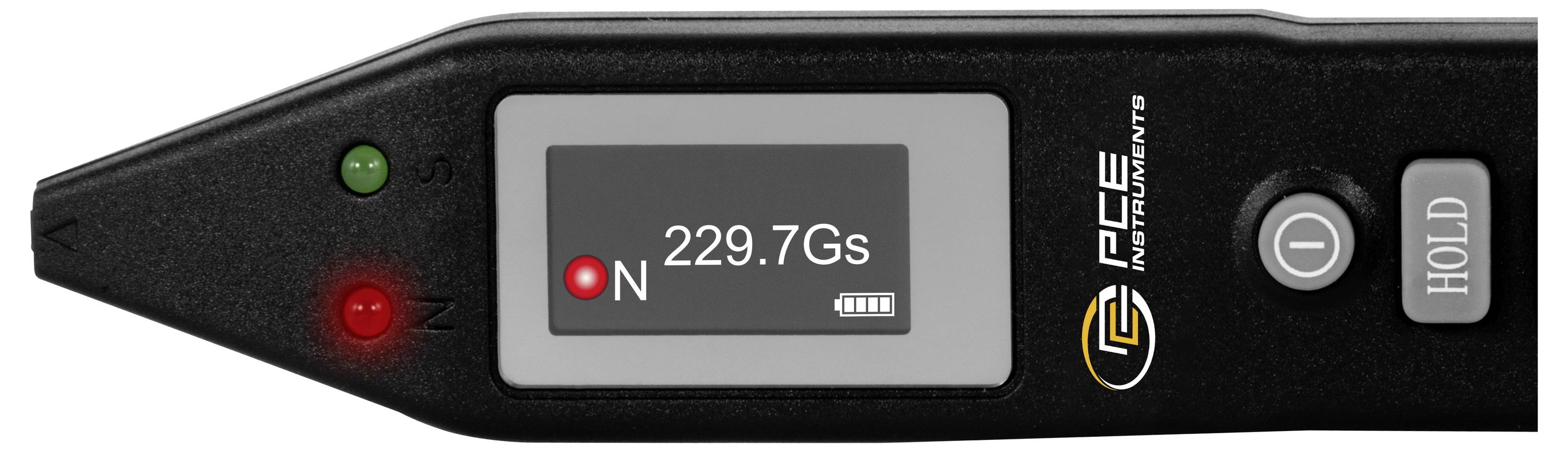 Digitální gaussmetr s displejem zobrazujícím 229,7 Gs a severní polaritu, plus zelené a červené indikační světlo a tlačítko pro uchování hodnoty.