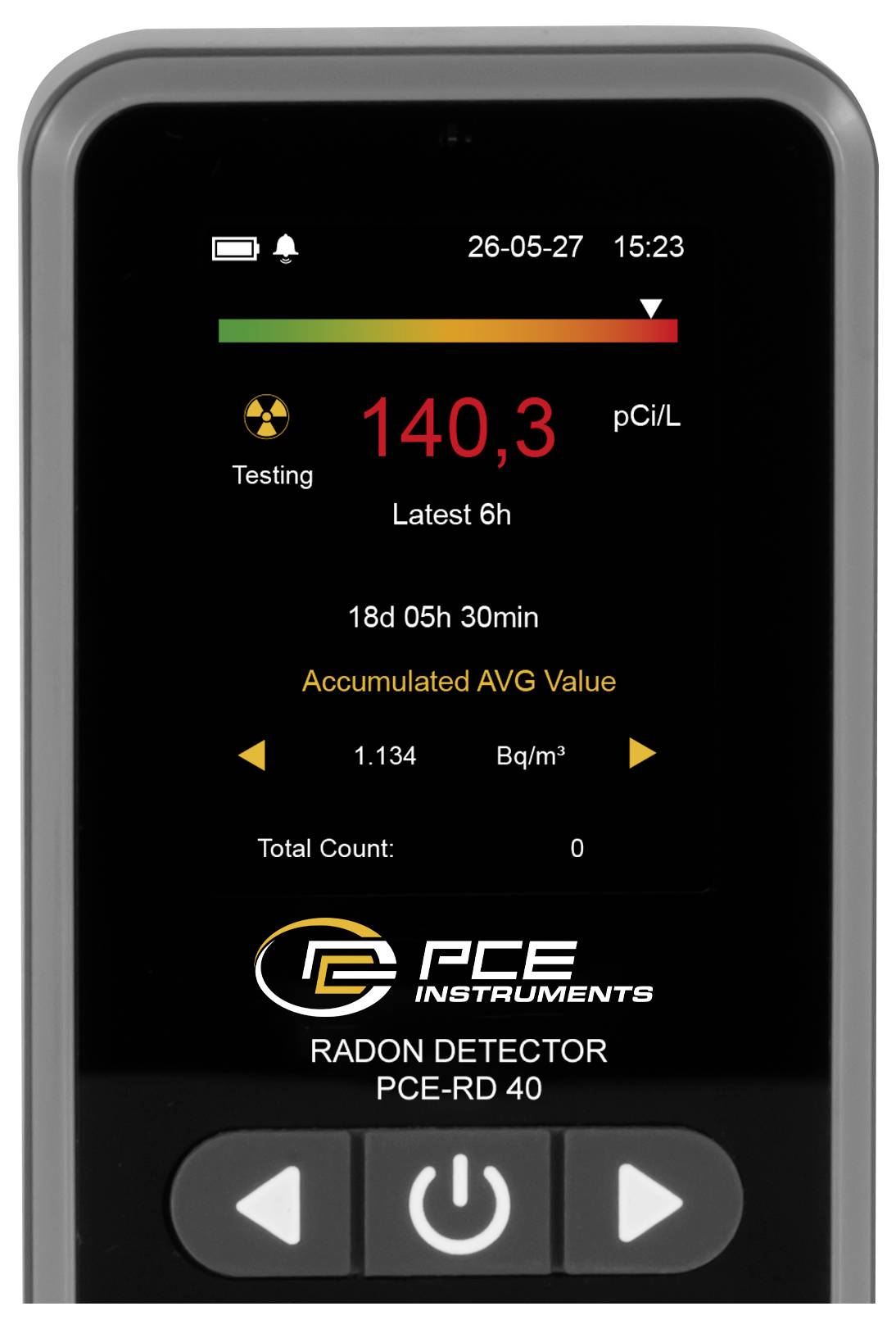 Přenosný detektor radonu PCE zobrazující vysoké čtení 140,3 pCi/L s akumulovanou průměrnou hodnotou a celkovým počtem na displeji.