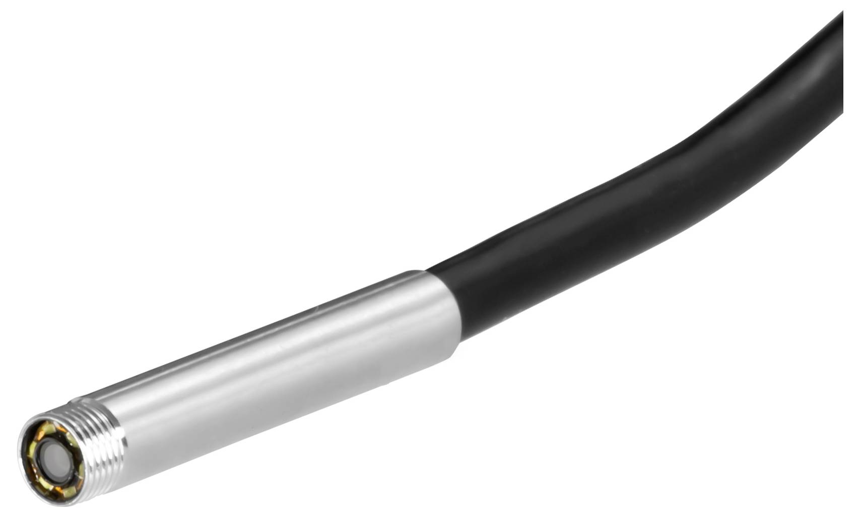 Detailní pohled na černý kabel se stříbrným kovovým válcovitým konektorem vykazujícím závitový konec a kruhový kontaktní konec.