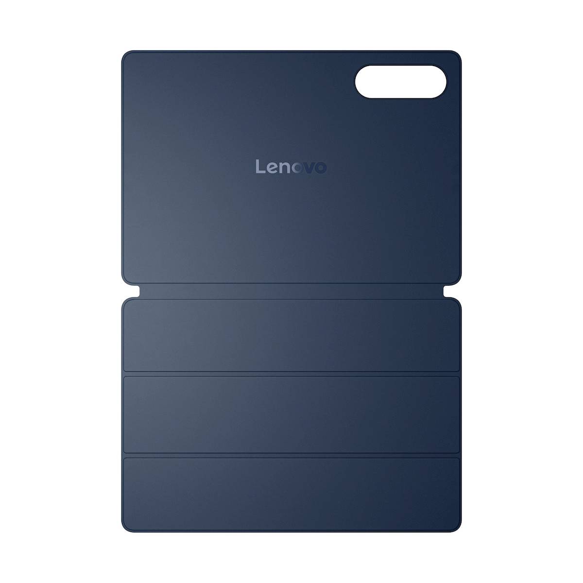 Tmavě modrý Lenovo tablet nebo pouzdro v designu folio s bílým oválným výřezem blízko pravého horního rohu.