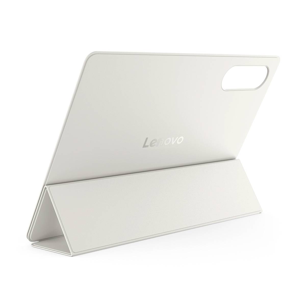 Bílý kryt Lenovo tabletu/folio zobrazený zezadu, otevřený jako trojúhelníkový stojan na prostém bílém pozadí.