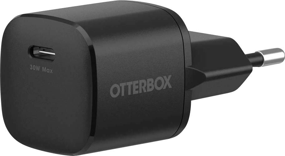 Černá nabíječka do zásuvky OtterBox 30W Max s portem USB-C a evropskou zástrčkou.