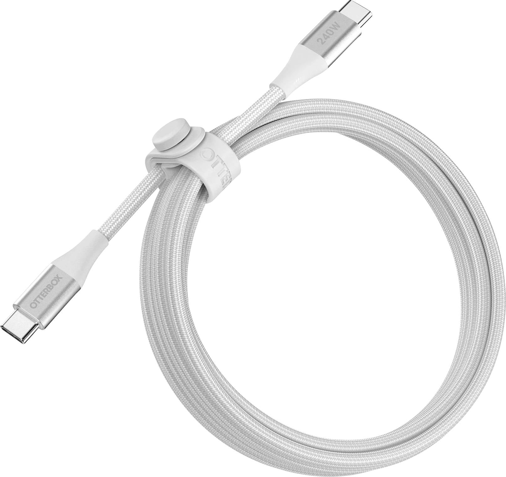 Bílý pletený kabel USB-C pro nabíjení, stočený a zajištěný páskou, s konektory USB-C na obou koncích.