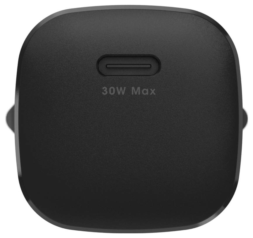 Kompaktní černá síťová nabíječka s jedním portem USB-C označeným „30W Max".