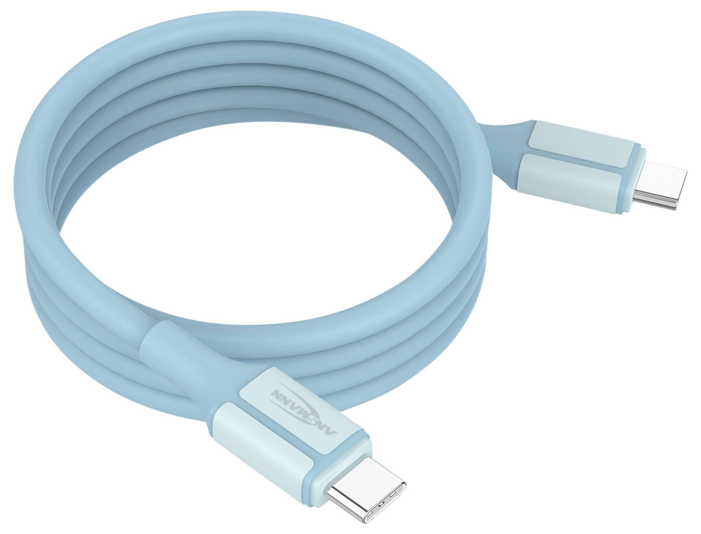 Vinutý světle modrý kabel USB-C na nabíjení s viditelnými konektory na obou koncích.