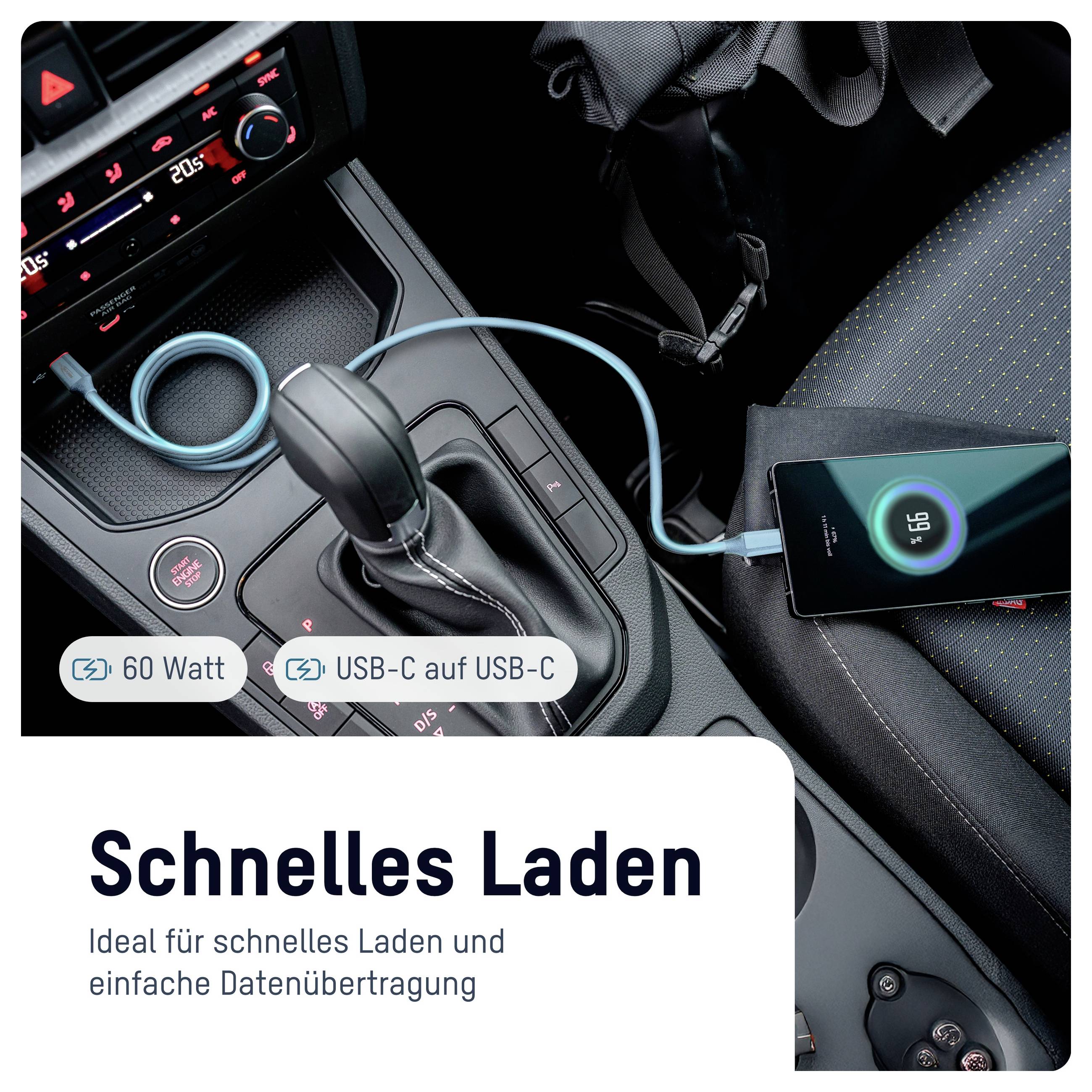 Interiér automobilu ukazující telefon nabíjející se přes kabel USB-C z centrální konzole; německý text inzerátu říká "Rychlé nabíjení", "60 wattů" a "USB-C na USB-C" pro rychlé nabíjení a přenos dat.