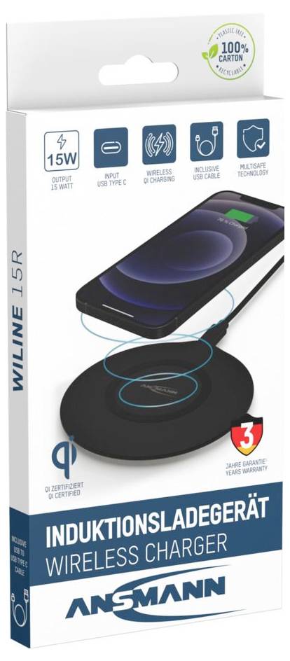 Bezdrátová nabíječka ANSMANN s obrázkem telefonu nabíjejícího se na kulatém polštáři, zobrazující výkon 15W, USB Type-C, bezdrátové nabíjení a 3letou záruku.