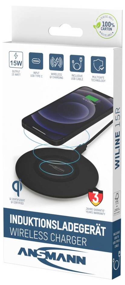 Produktová krabice pro ANSMANN WILINE 15R indukční bezdrátová nabíječka, která zobrazuje černou nabíjecí podložku a smartphone s klíčovými funkcemi a výstupem 15W.