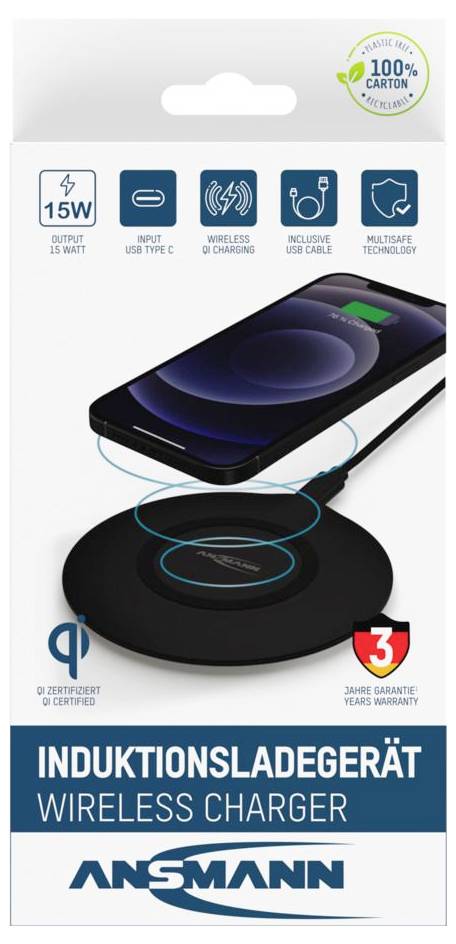 Balení pro bezdrátový nabíječ Ansmann a indukční nabíjecí zařízení s výkonem 15W, USB-C, bezdrátovým nabíjením, zahrnutým kabelem USB a multifunkční bezpečnostní technologií.