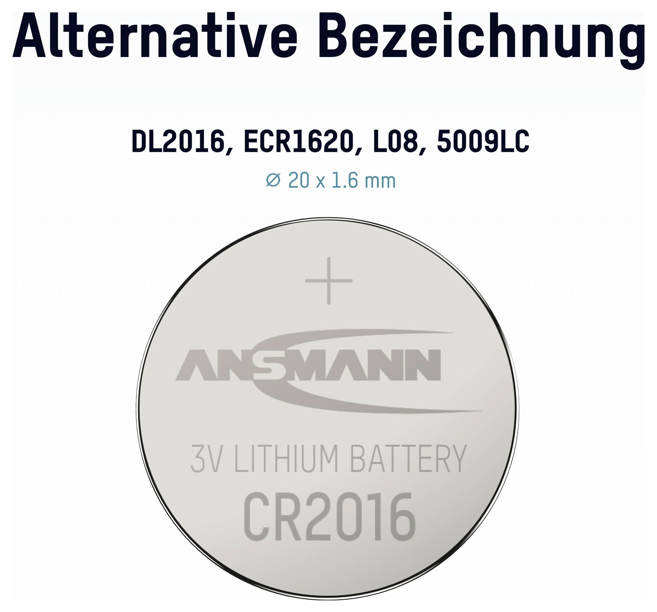 Diagram baterie CR2016 3V lithiové mincovní s nálepou "DL2016, ECR1620, L08, 5009LC" a "Ø 20 x 1,6 mm".