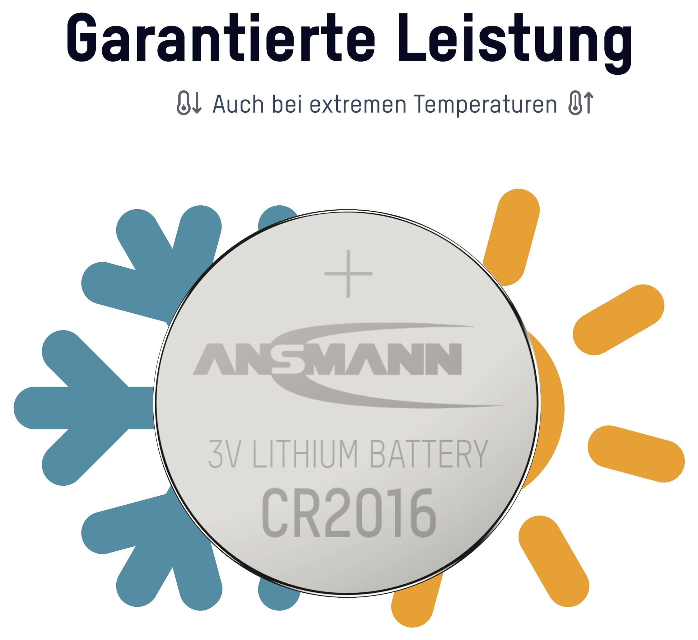 ANSMANN CR2016 lithiová baterie s německým textem „Garantovaný výkon" a „Také při extrémních teplotách", zobrazeno mezi symboly zimy a tepla.