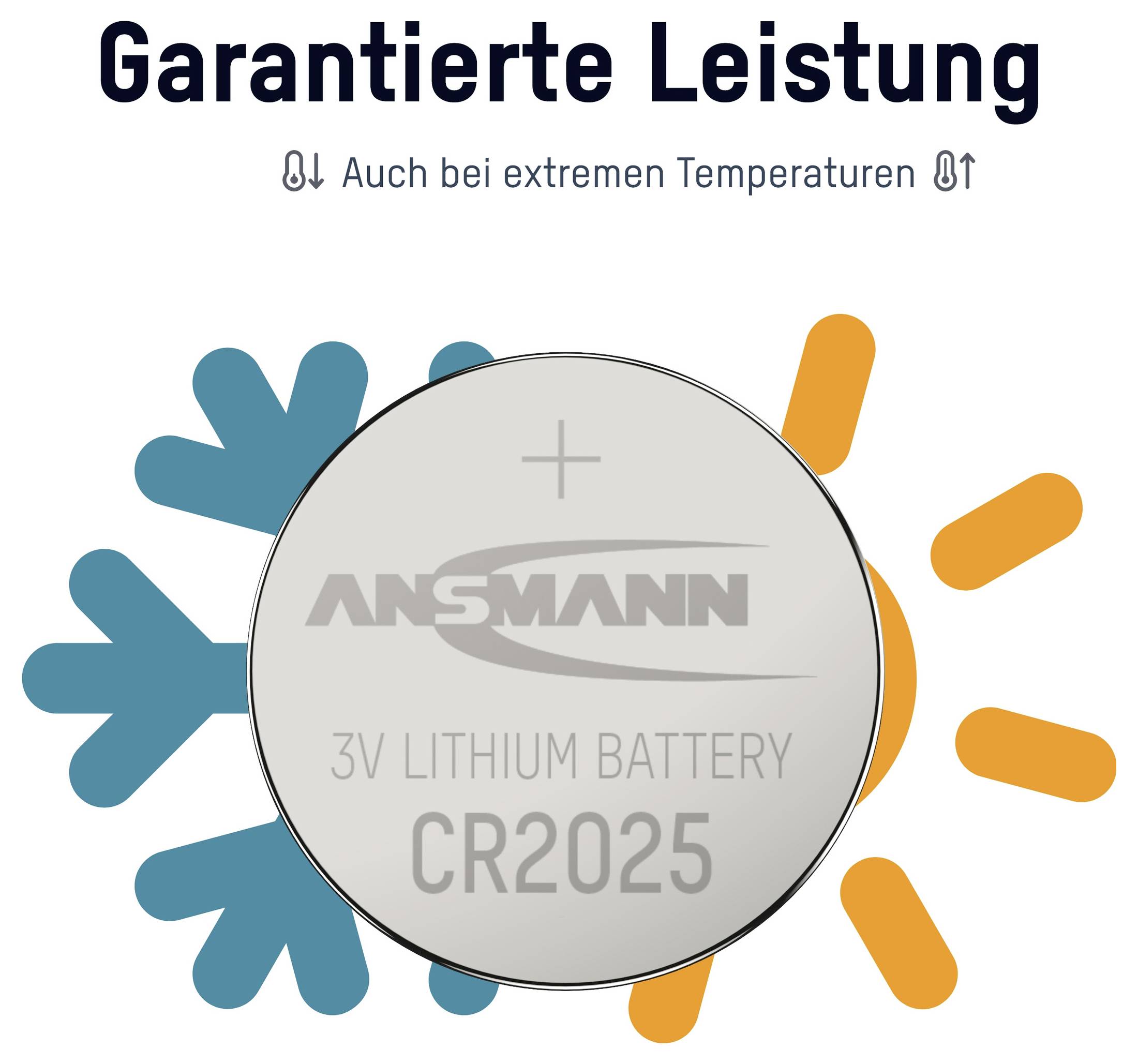 Ansmannová baterie CR2025 3V lithium označená „Garantovaný výkon" a „také při extrémních teplotách", zobrazená vedle modrých ikon chladu a oranžových ikon tepla.