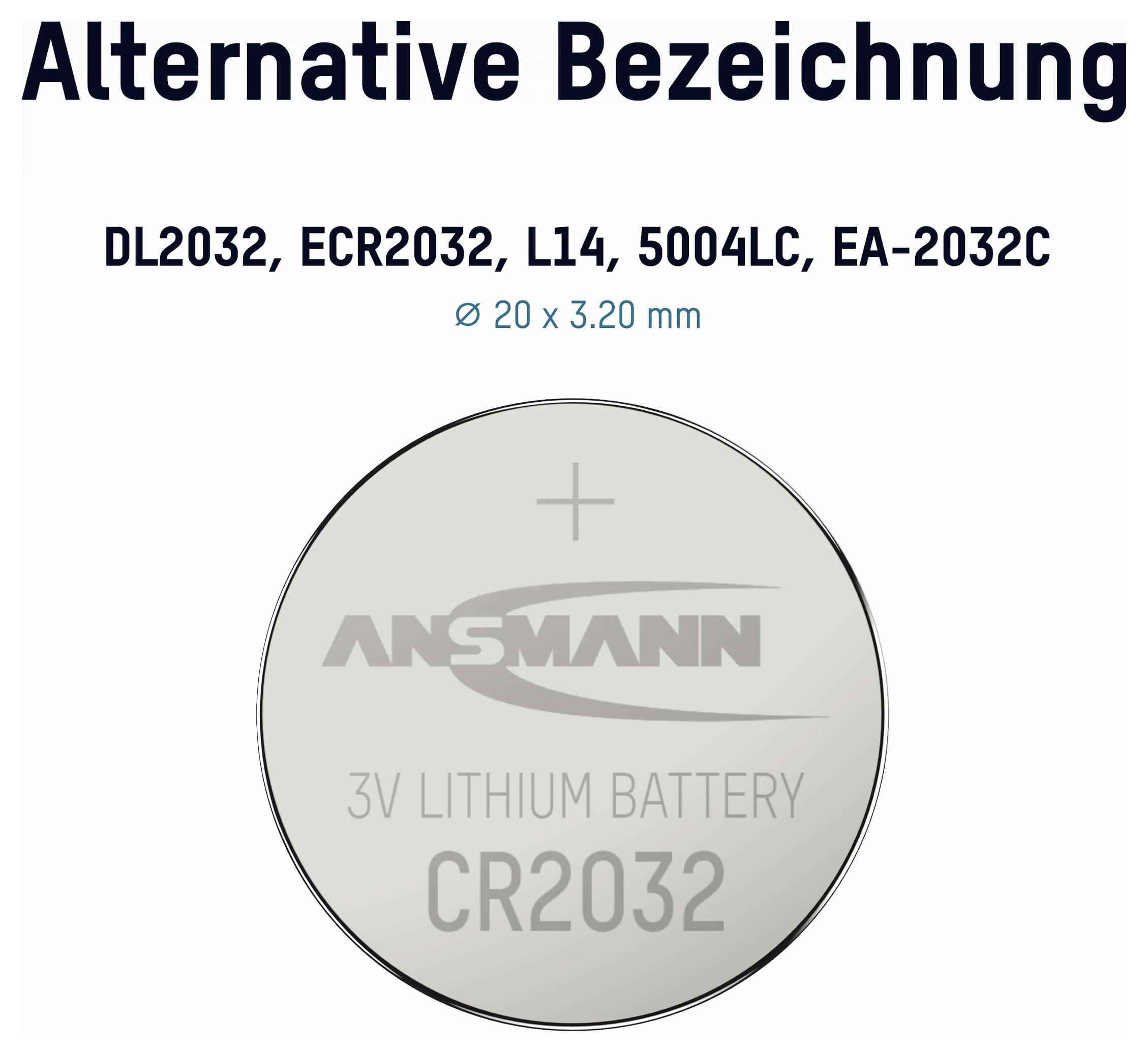 Obrázek lithiové mincové baterie CR2032 3V označený "Alternativní označení" s kompatibilními názvy DL2032, ECR2032, L14, 5004LC, EA-2032C a velikostí Ø 20 x 3,20 mm.