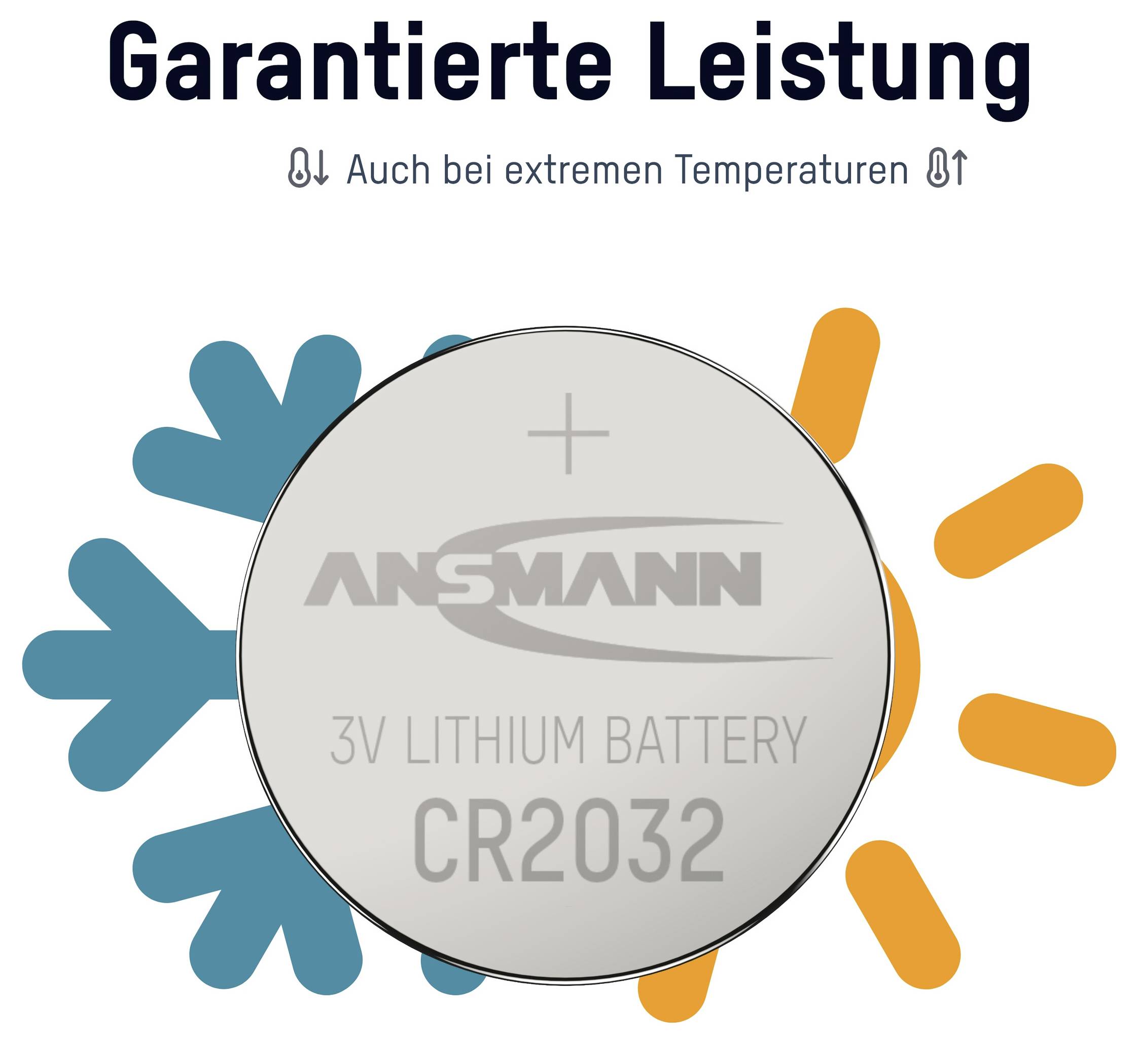 Baterie Ansmann CR2032 3V lithium označená "Garantovaný výkon" a "Také při extrémních teplotách", zobrazena se symboly chladu a tepla.